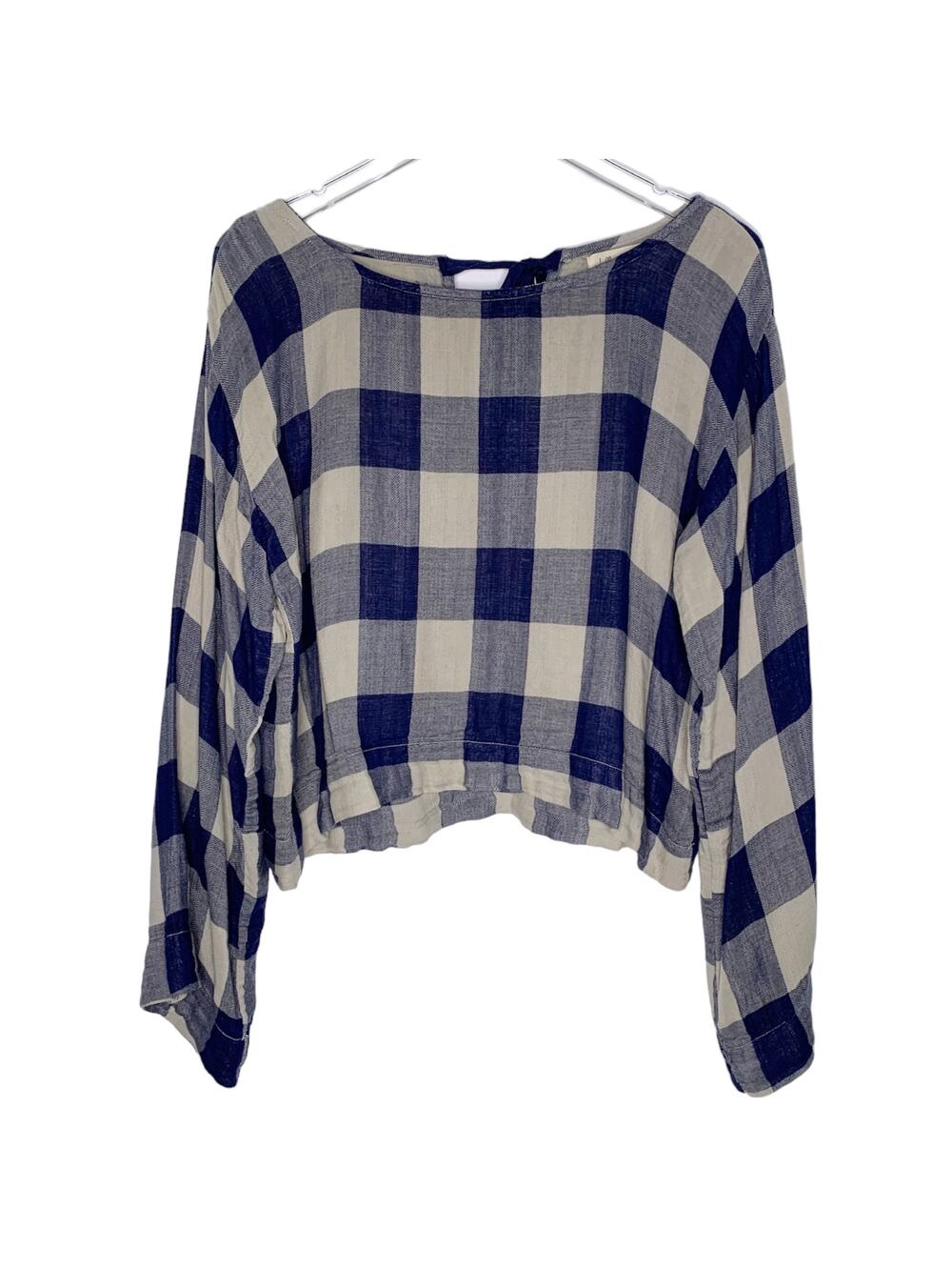 Bella Dahl S Long Sleeve Picnic Plaid Shirt Tie Back Blue Preppy Boxy